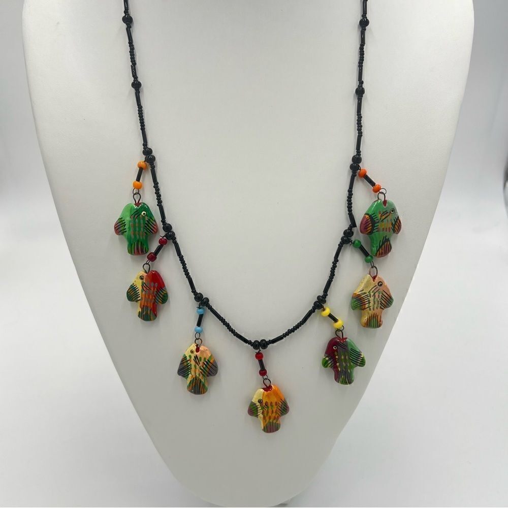 Vintage Unique Artisan Beaded Necklace With Handpainted Fish 🐟